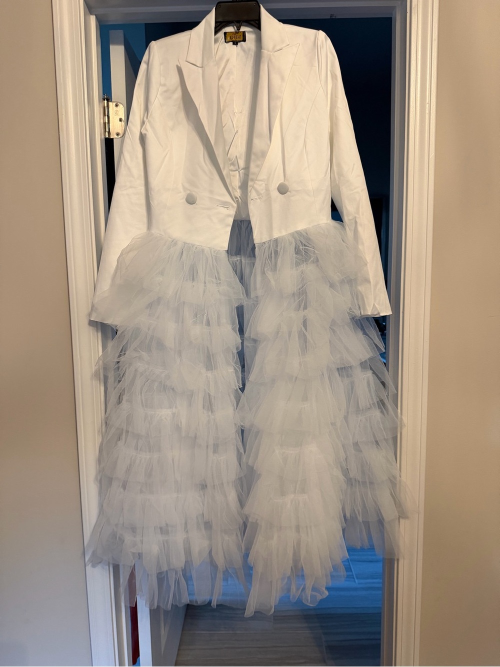Women's White Tulle-Trim Double-Breasted Blazer